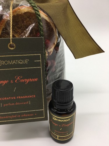 Aromatique Orange & Evergreen refresher oil,  7oz bag potpourri, and Room spray
