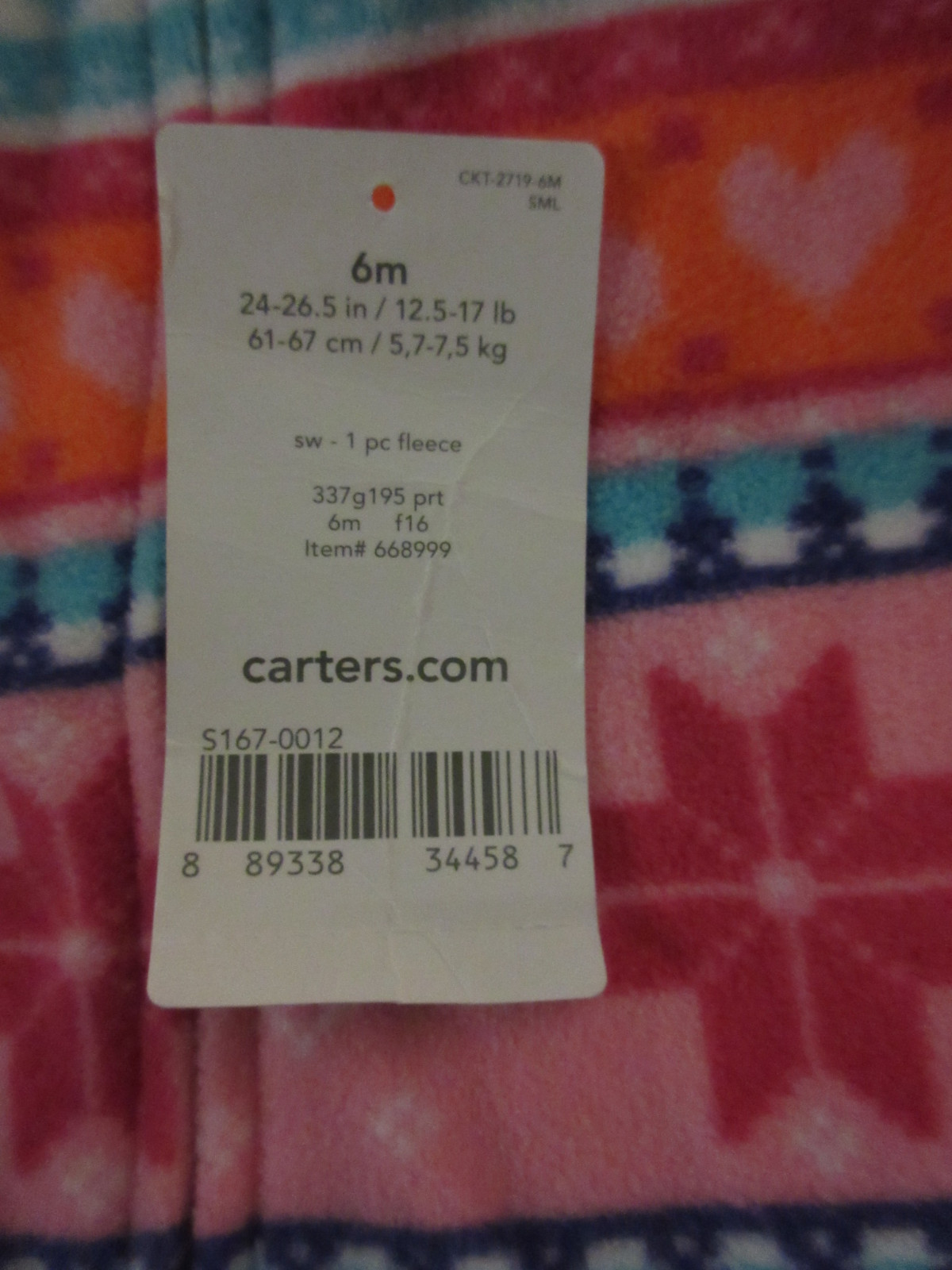 NWT 6m Baby Girl Fleece Sleeper Carter's Polyester Cotton Snap ZIP Bright