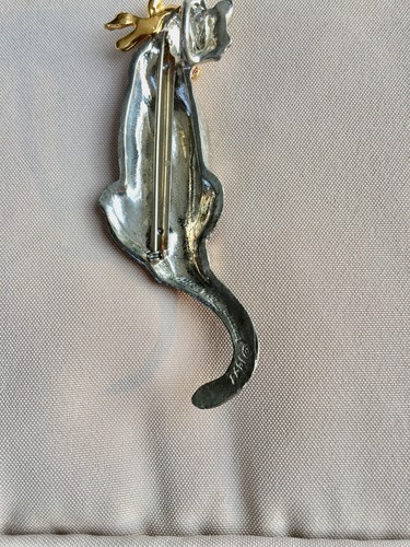 Maurice Milleur Pewter Cat Pin With Gold Bow