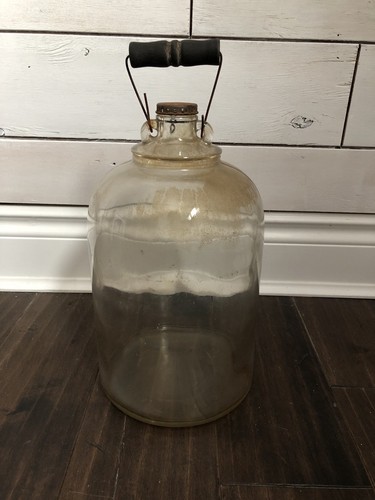 Vintage Glass Moonshine Whiskey Jug Bottle Wooden Handle Rustic Decor