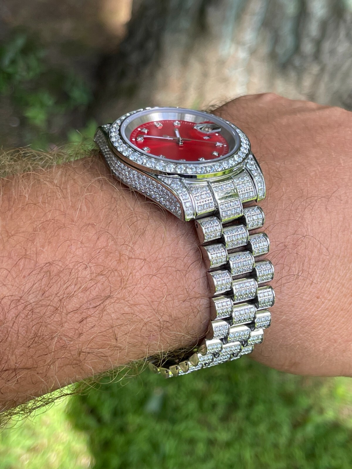 Pre-owned Harlembling Men Red Dial Presidential Real Ss 41mm Watch Fully Iced 12ct Flooded Out Cz