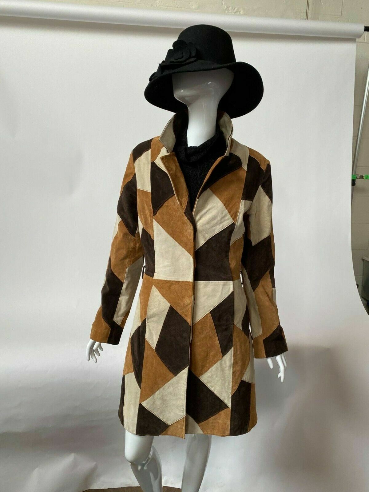 Pre-owned The Bombay Leather Co Womens Suede Leather Trench Coat Jacket Patch Work Brown Size S M L Xl Xxl 3xl