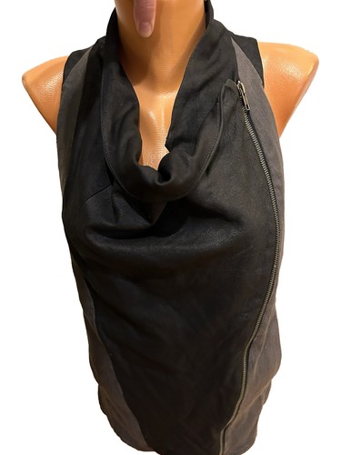 Helmut Lang black sleeveless denim lamb leather jacket vest asymmetric