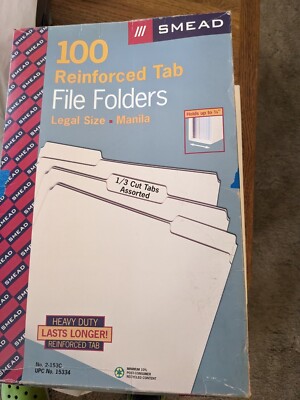 Smead 15334 Legal Size File Folders Reinforced Tab 1/3 Cut Tabs Assort. Manila