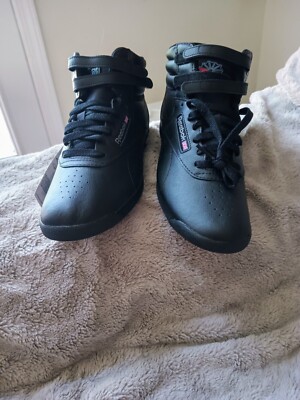 Size 10 - Reebok Women's Freestyle High Tops Sneakers Triple Black Shoes NEW