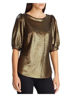 

RALPH LAUREN Женский вечерний топ с золотыми пайетками и рукавами 3/4 и вырезом с украшением, Золотой