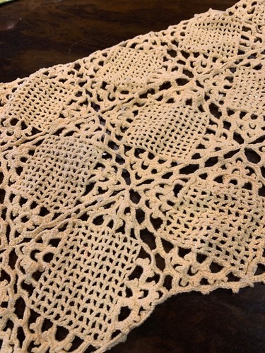 Lace Dresser Scarf Vintage 1930s Hand Crocheted Orange Beige Table Runner