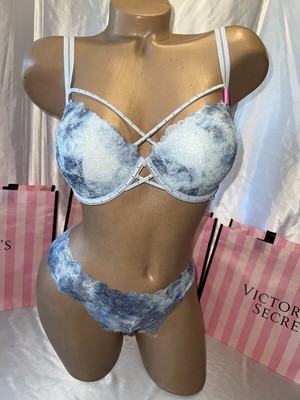Victorias Secret PINK Push Up Bra Date Push Up 34DD Large Thong Cloud Print