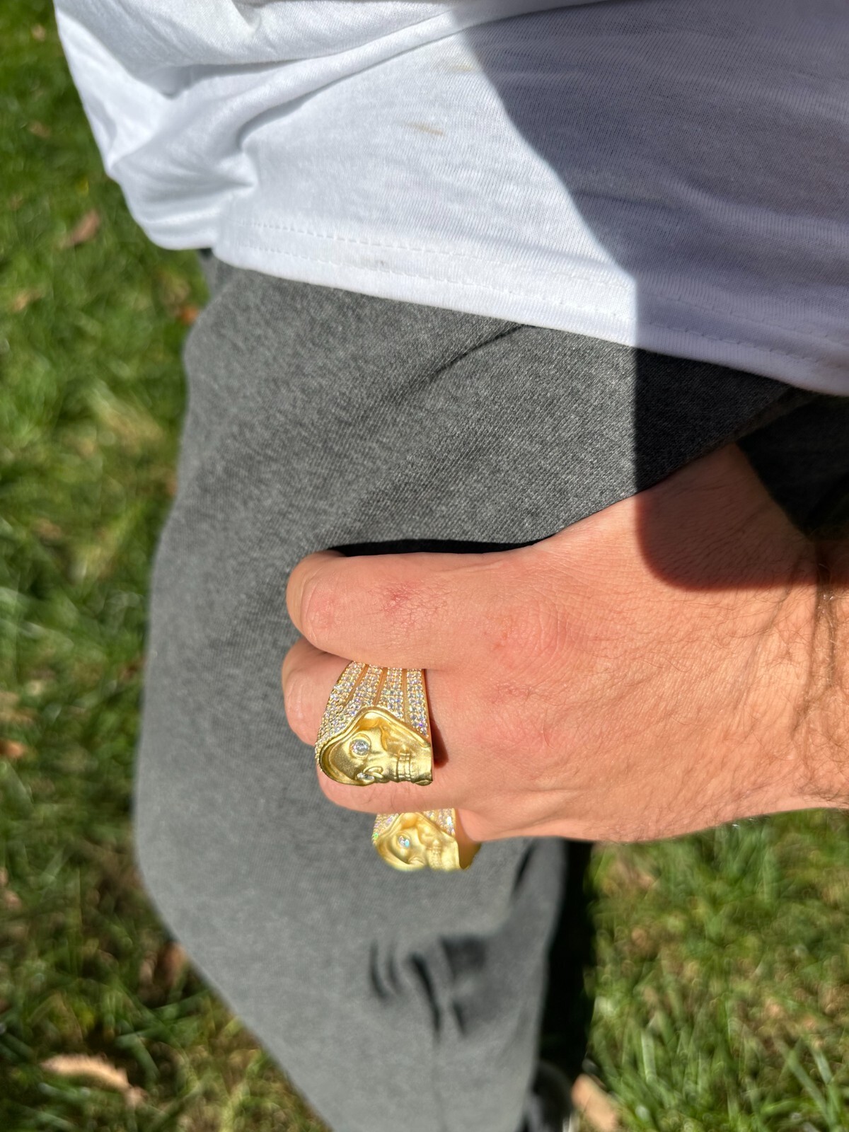 Pre-owned Silver Moissanite Iced Heavy Death Skull Ring Matte Real 14k Gold Over 925  In White