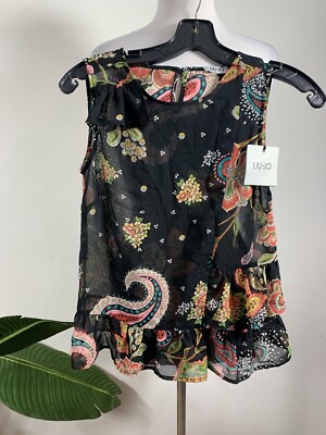 LIU JO MILANO WOMENS BLACK FLORAL PRITN SHEER TOP, Size 38