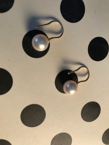 14K Yellow Gold Genuine Designer Pearl Hook Earrings Very Fine