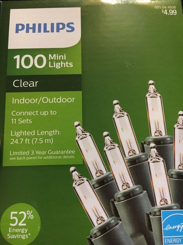 100PK Philips Clear Mini Lights Green Wire 24.7ft Indoor Outdoor