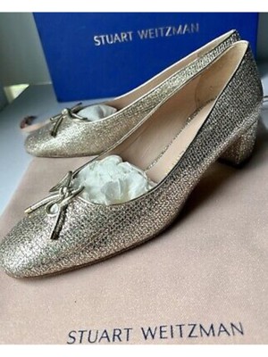 

STUART WEITZMAN Женские туфли-лодочки Gabby с золотым блеском и круглым носком на блочном каблуке без шнуровки 9,5, Золотой, S5713