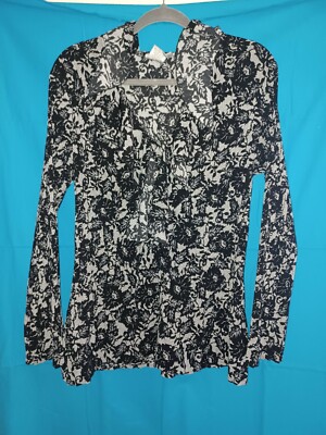 Fred David Womens Black & White Floral Long Sleeve Pleated Top Size Large New