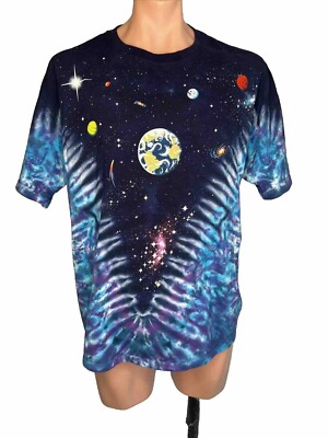 90's VINTAGE Outer Space Galaxy Tie Dye T Shirt XL liquid Blue All Over Print