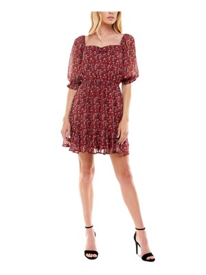 TRIXXI Womens Red Balloon Sleeve Above The Knee Party Fit + Flare Dress L