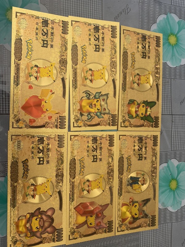 6 Cartes Billets Pokemon Evoli Dracaufeu Pikachu Squirtle Gold Card / Banknote