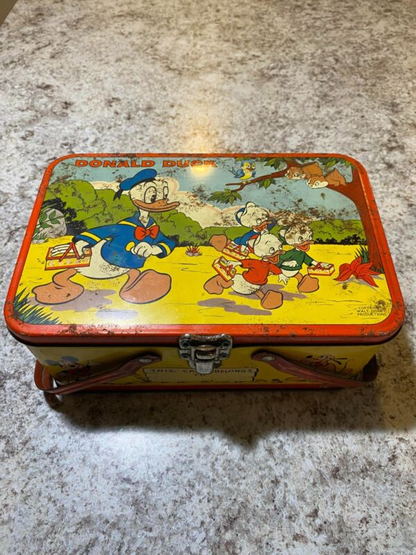 1940s Mickey Mouse / Donald  Duck Lunch Box Tin - No Thermos * Vintage Lunchbox