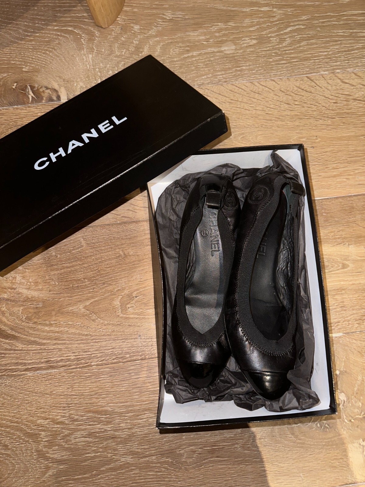 CHANEL 上品 バレリーナ パンプス CCロゴ ツイード BALLET FLAT Chanel Tweed CC Logo Cap Toe Ballerina Flats Size 8
