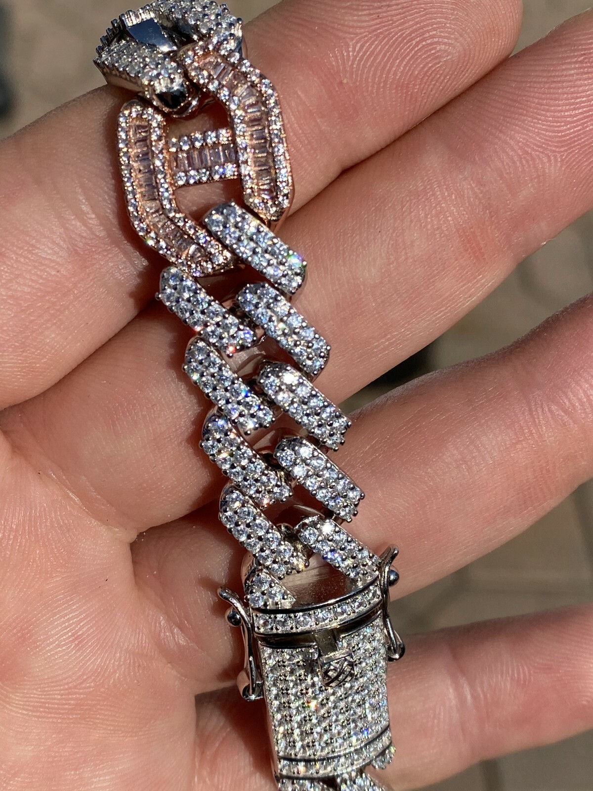 Pre-owned Silver Solid 925  Cz Rose Gold Plated Mens Figarucci Gucci Link Prong Cuban Chain In  & 14k Rose Gold