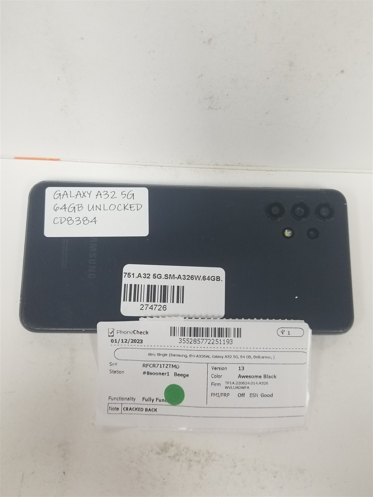 SAMSUNG GALAXY A32 5G 64GB BLACK SM-A326W (UNLOCKED) DAMAGED CD8384