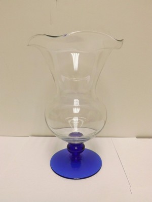 PH MARKED COBALT BLUE AND CLEAR GLASS RUFFLED RIM VASE