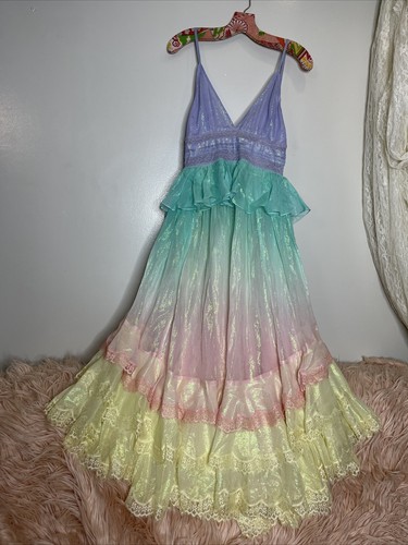 Pre-owned Free People Rococo Sand Emi Long Metallic Ombre Lace Trim Peplum Dress S In Pastels