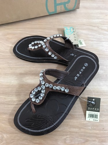 Women’s Roper Crystaline Sandals Sz 6 Brown Thong Flip Flops Sparkle Dressy