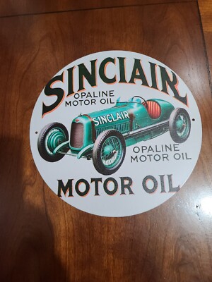 Sinclair Motor Oil Metal sign Racecar Opaline 7 3/4 in Repro