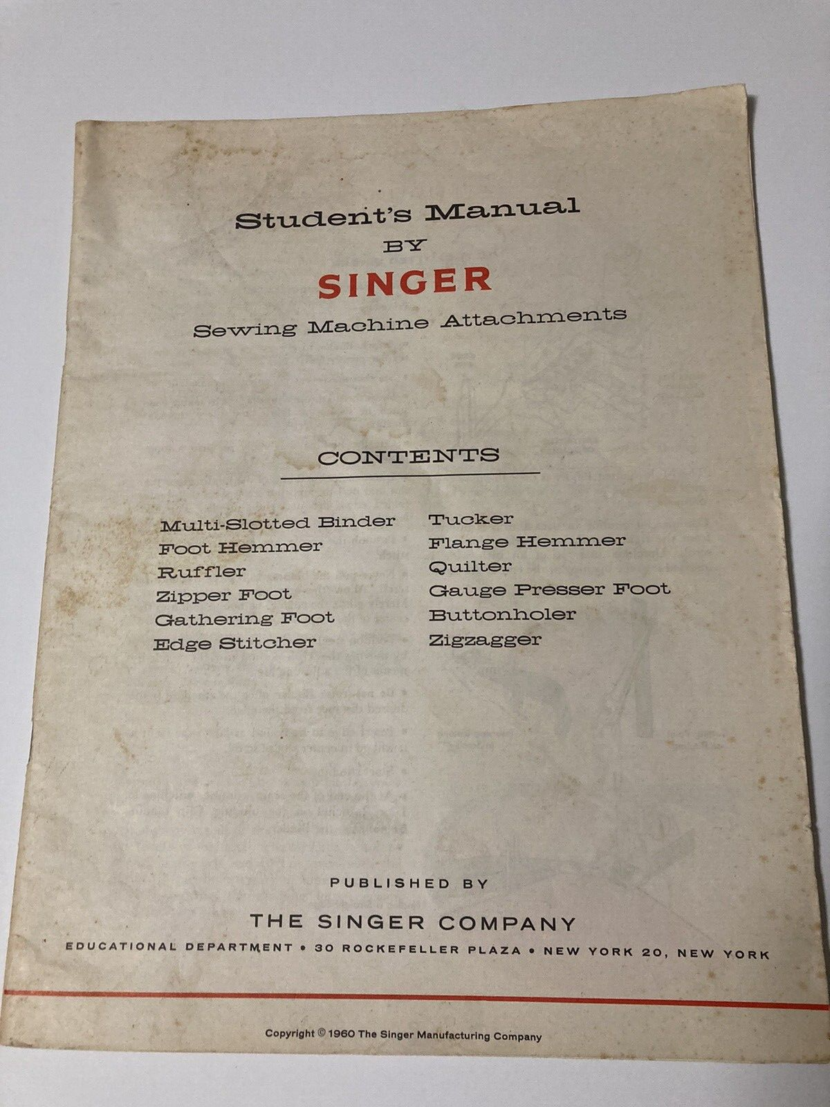 Singer Sewing Machine Student Manual - 1960