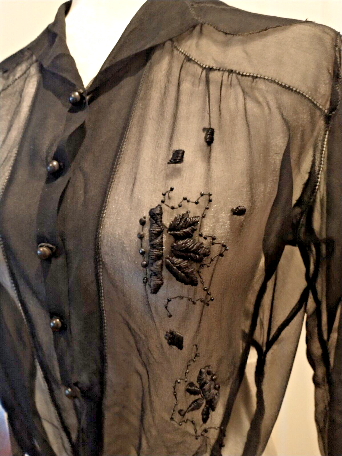 Antique Victorian Edwardian Black Chiffon Beaded & Embroidered Dress Blouse