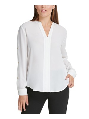 

DKNY Женский белый топ на пуговицах для работы с длинными рукавами и V-образным вырезом