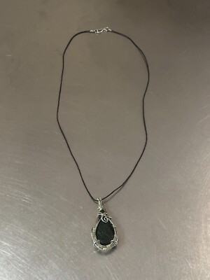 Obsidian Cabochon Pendant Wire Wrapped Necklace Silver Tone Black Cord 25.5 inch