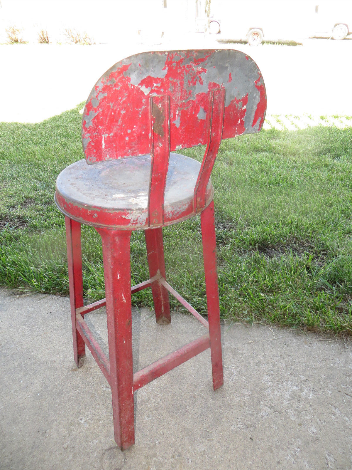 Vintage Antique Metal Kitchen Stool w/Back - Red - Primitive - 1940's - 1950's