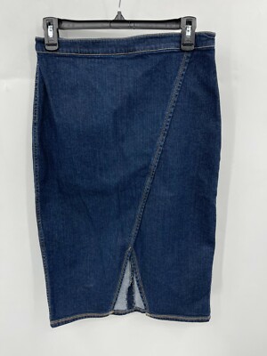 Du Jour Denim Skirt Womens 8 Asymmetrical Front Seam Boho Midi Straight Pencil