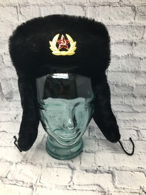 Black Faux Fur Ushanka Cossack Flaps/Trapper Hat with Soviet Badge 58cm (CM143F)