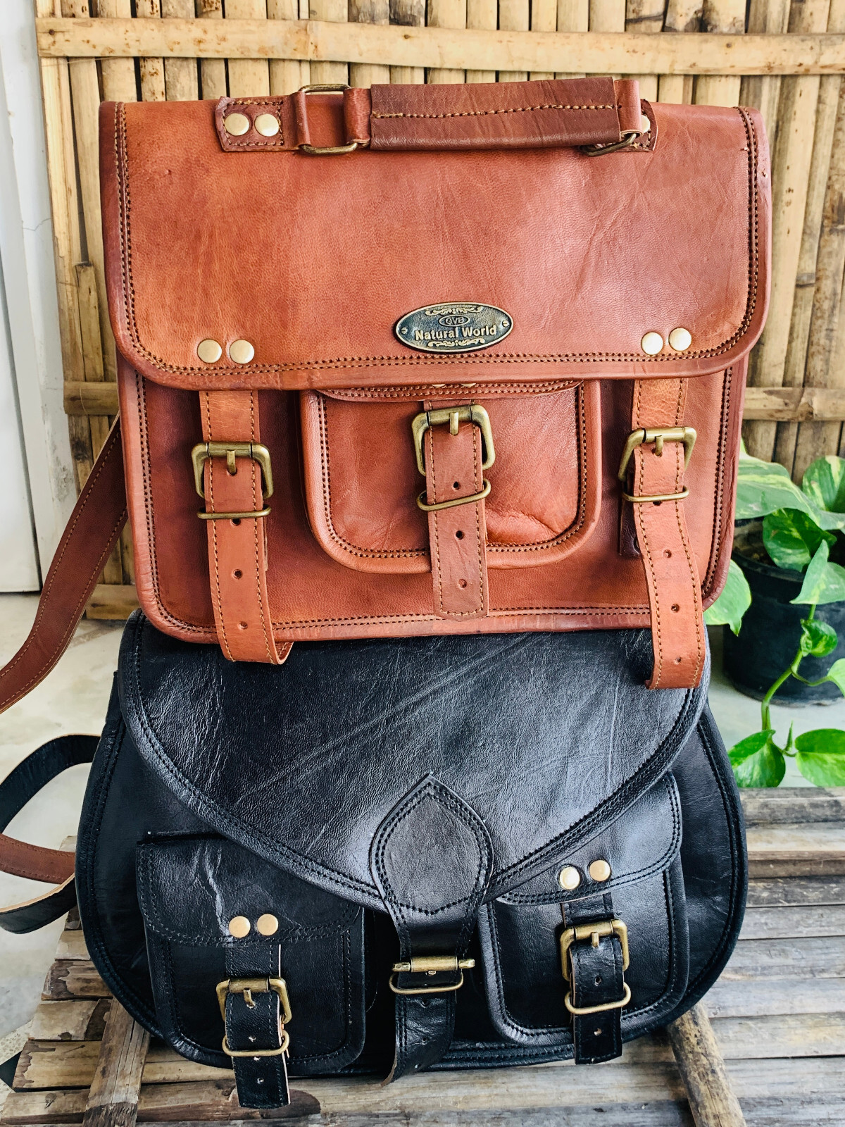 Genuine Black Leather Cross Body Vintage Style Women