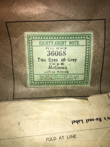 Vintage British Autoplayer Co. Player Piano Roll - Two Eyes of Grey # 36068