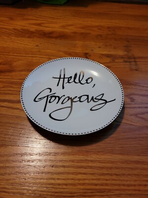 Pier 1 HELLO GORGEOUS White & Gold Script Dots Round Dessert Salad Dinner Plate