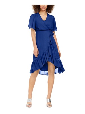 

CALVIN KLEIN Womens Blue Tie Hi-lo Hem Шифоновое платье с рукавами-крылышками и искусственным запахом, Синий