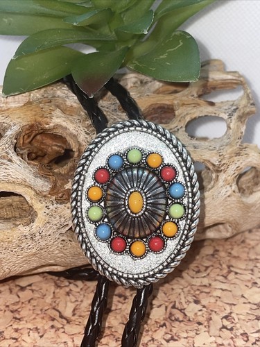 Western Cluster Turquoise Yellow Red TURQUOISE Rainbow BRIDAL Bolo Tie Southwest