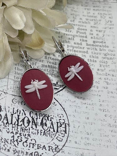 Red White Dragonfly cute fall Boutique French Wire Cameo Earrings Wedding