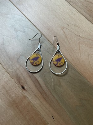 Handmade Yellow And Purple Bird Pendant Earrings, 2.5  Length