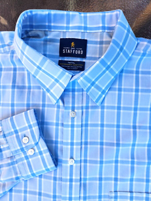 STAFFORD Travel SHIRT, Men's 18.5 x 38/39 TALL, Blue Plaid, Cotton/Poly, NEW