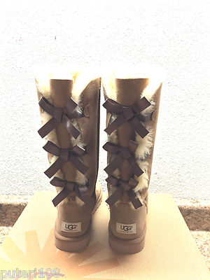Pre-owned Ugg Bailey Bow Triplet Tall Chestnut Women Usa 9 / Eu 40 / Uk 7.5 - In Brown