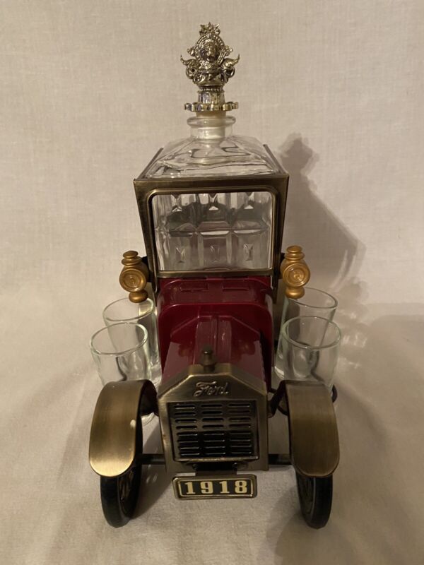 Vintage 1918 Ford Glass Liquor Decanter W/Shot Glasses Working-Music Box!!