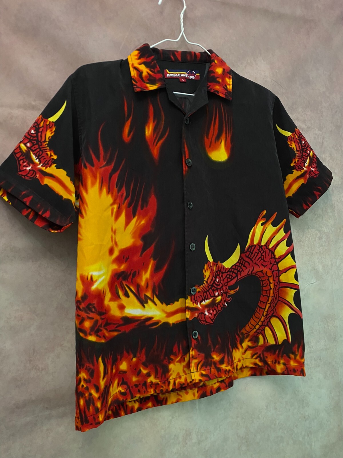 Crazy Vintage Y2K Style Button Up Shirt Dragons Flames Size