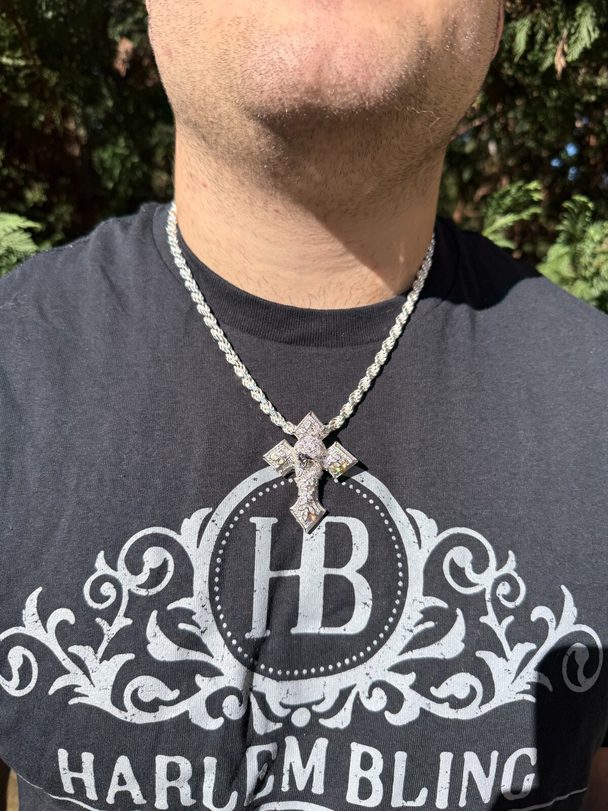 Pre-owned Hip Hop Moissanite 3d Cross Jesus Face Pendant Iced Necklace Real 925 Silver / 14k Gold In White