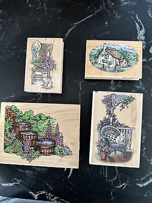 Stampendous Rubber Stamps Sett Of 4 Chair With Cat, Poster Porch View, Fountain