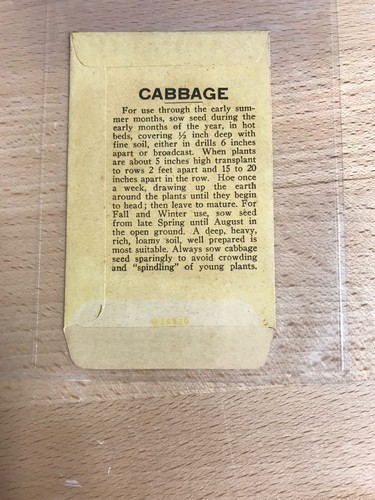 ANTIQUE 1918 CABBAGE SEED PACKET / ROUDABUSH SEED STORE, N.C.